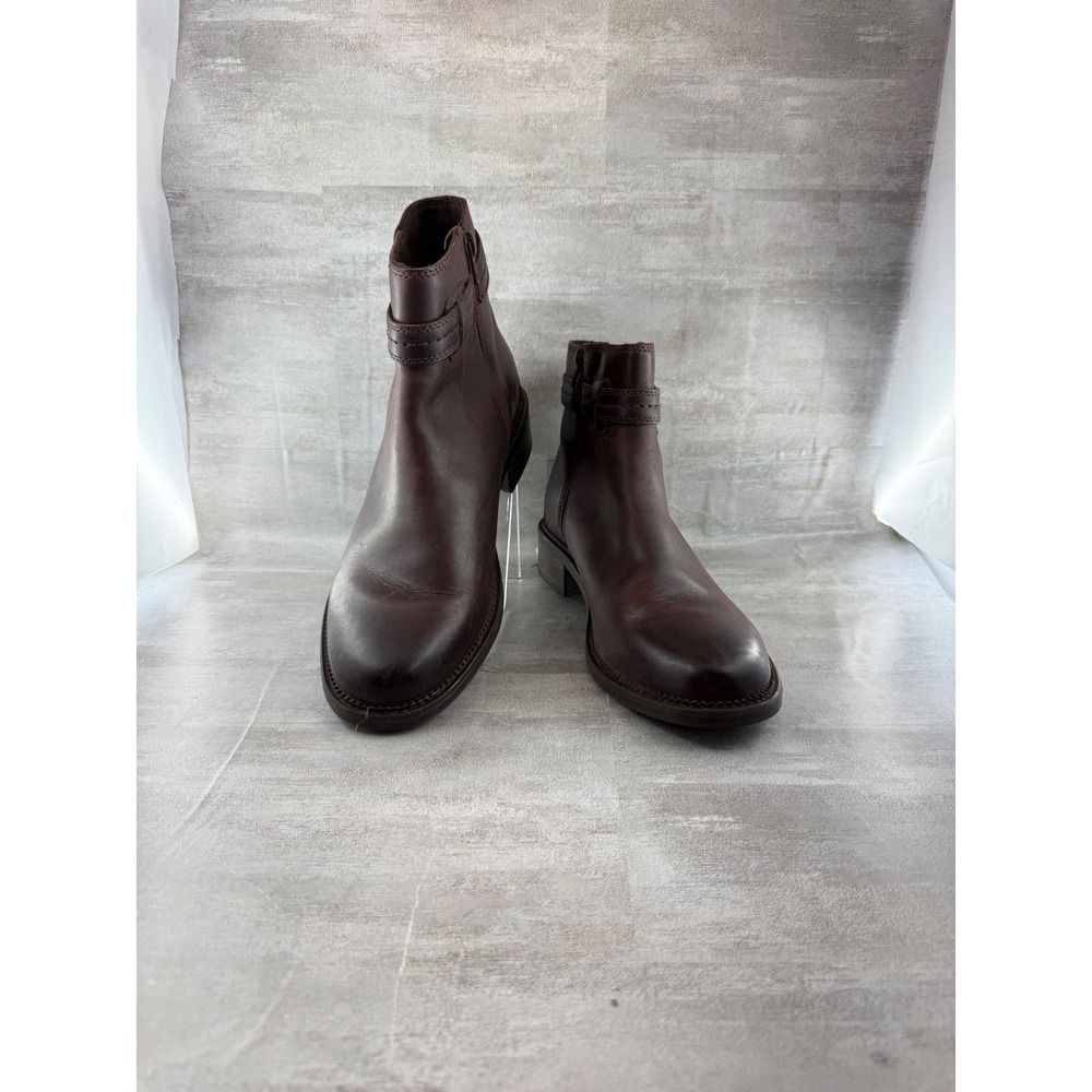 Clarks Women Dark Brown Leather Ankle Boots Side Zip Block Heel Size 10M